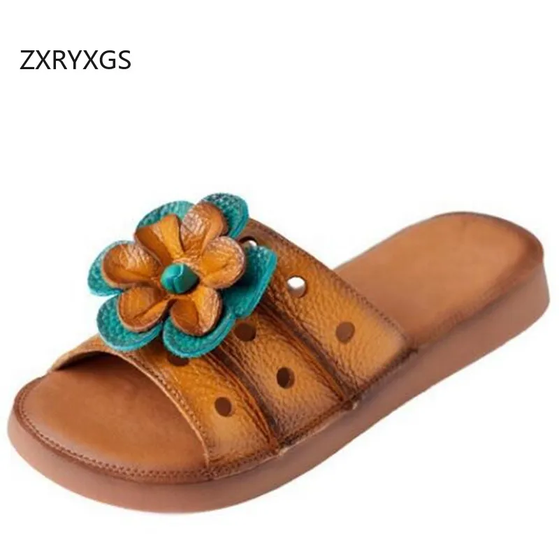 ZXRYXGS Summer New Cowhide Perforated Flowers Shoes Woman Slippers Flat Sandals 2024 Open Toe Spell Colors Real Leathe Slippers