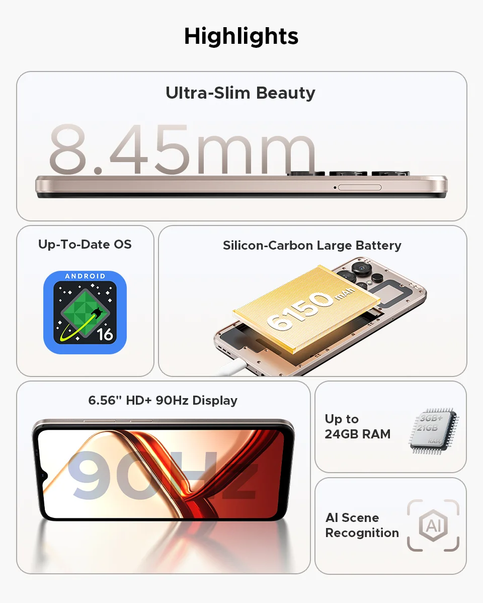 DOOGEE Note56 X Mobile Phone 8.45mm Slim Body 6.56" 90Hz Screen Android 16 6150mAh Battery Al Scene Recognition Smartphone