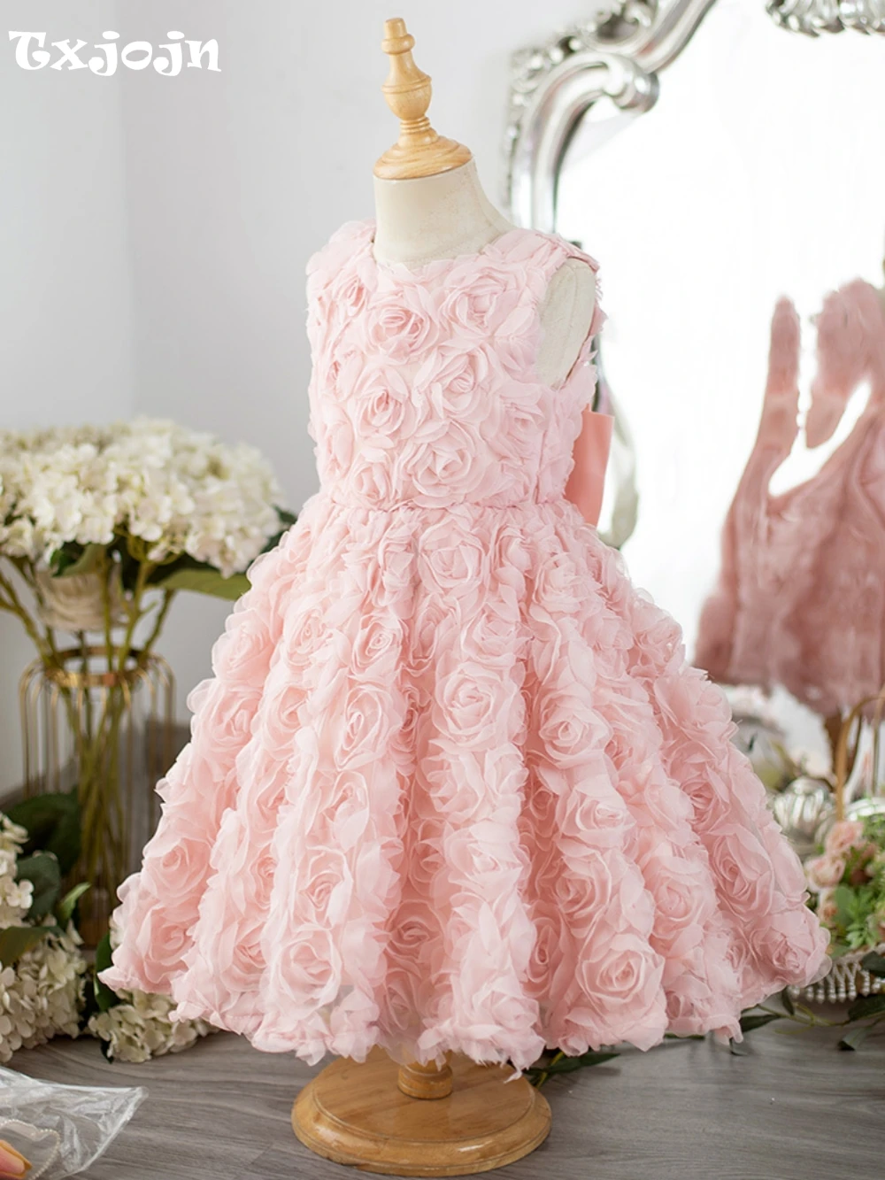 Exquisite Pink 3D Flower Girls Princess Gown Wedding Ring Bearer Outfit Cute Sweet Bow Dresses For Kid Birthday Party Customized