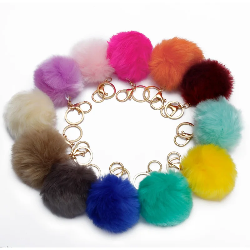 8cm Fake Fur pom pom Keychain llavero pompon keychain Keyring Golden Chains Fake Fox Rabbit Fur Chain A