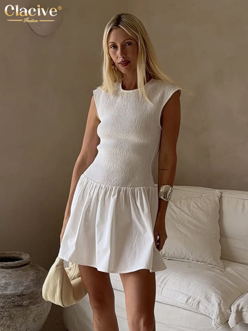

Clacive Summer Slim White Women Dress 2026 Fashion O-Neck Sleeveless Mini Dresses Elegant Classic Solid Female Dress Streetwear