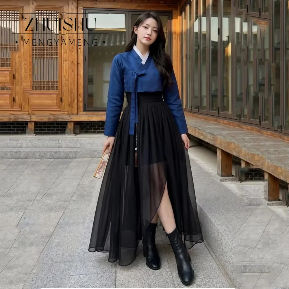 Modern Concert Hanbok 2Pcs Long Sleeves Blue Black Korean Wedding Photo Shoot Dress A line Long Evening Dress Customized