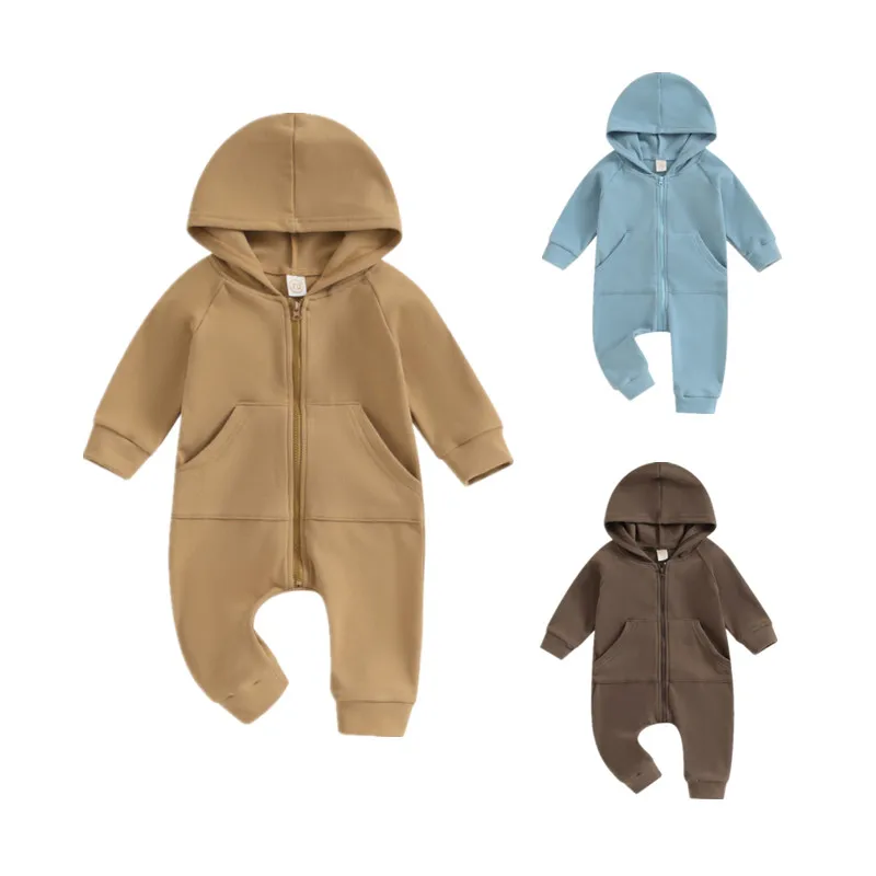 Newborn Baby Boy Hooded Romper Spring Autumn Clothes Solid Color Long Sleeve Zipper Jumpsuit for Kids Infant Baby Clothing