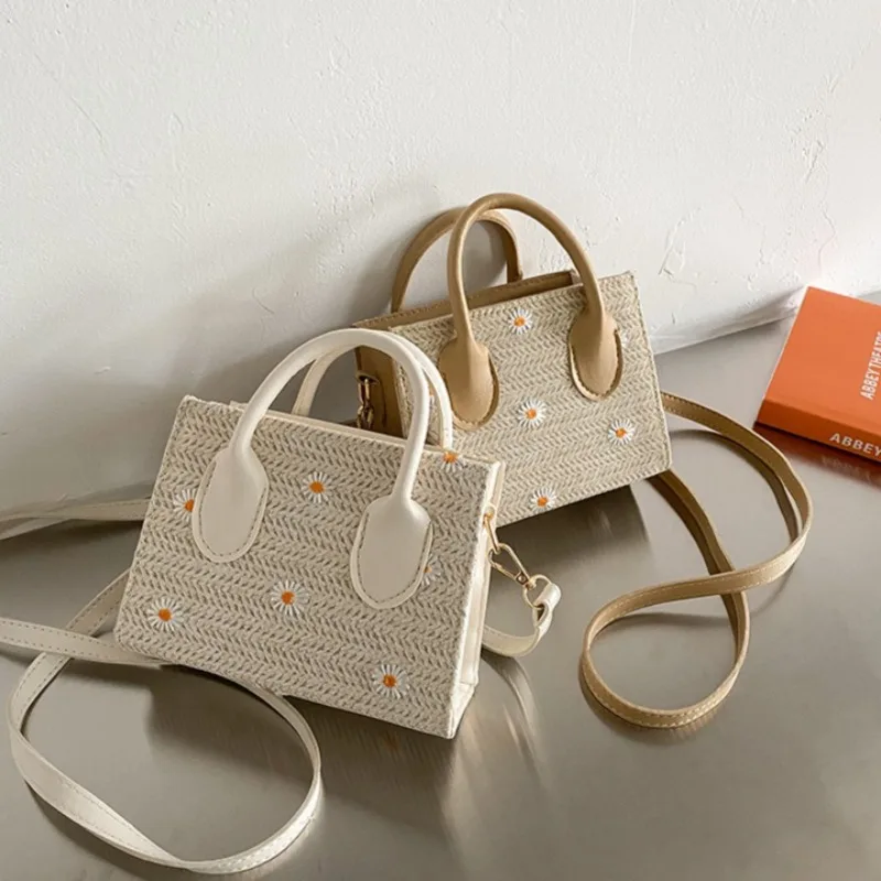Bolso tejido con margaritas de verano, bolso cruzado para mujer, nueva moda japonesa, pequeño bolso tejido con flores frescas para mujer, bolsos de hombro para compras