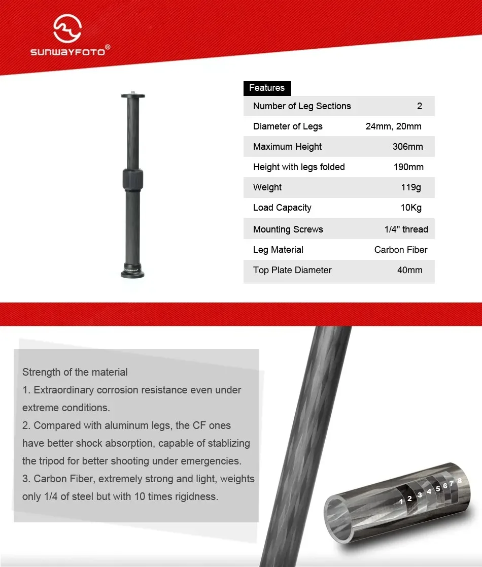 SUNWAYFOTO ET-01 أنبوب تمديد ثلاثي القوائم 20 مم مادة ألياف الكربون لحامل ثلاثي القوائم للطاولة المحمولة مع برغي تحويل 1/4 -3/8