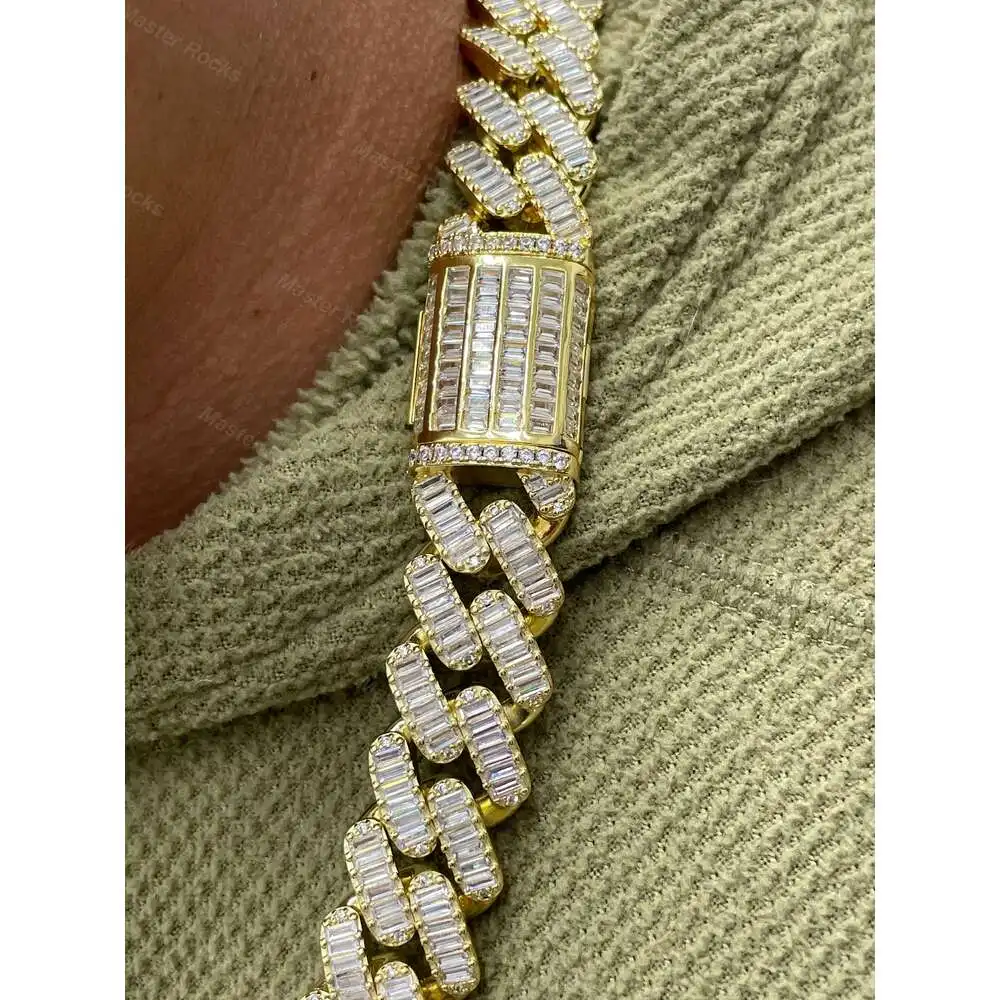 New Arrival Iced Out 15mm 925 Silver Moissanite Cuban Link Chain Heavy Gold Baguette Cuban Link Chain with Gra