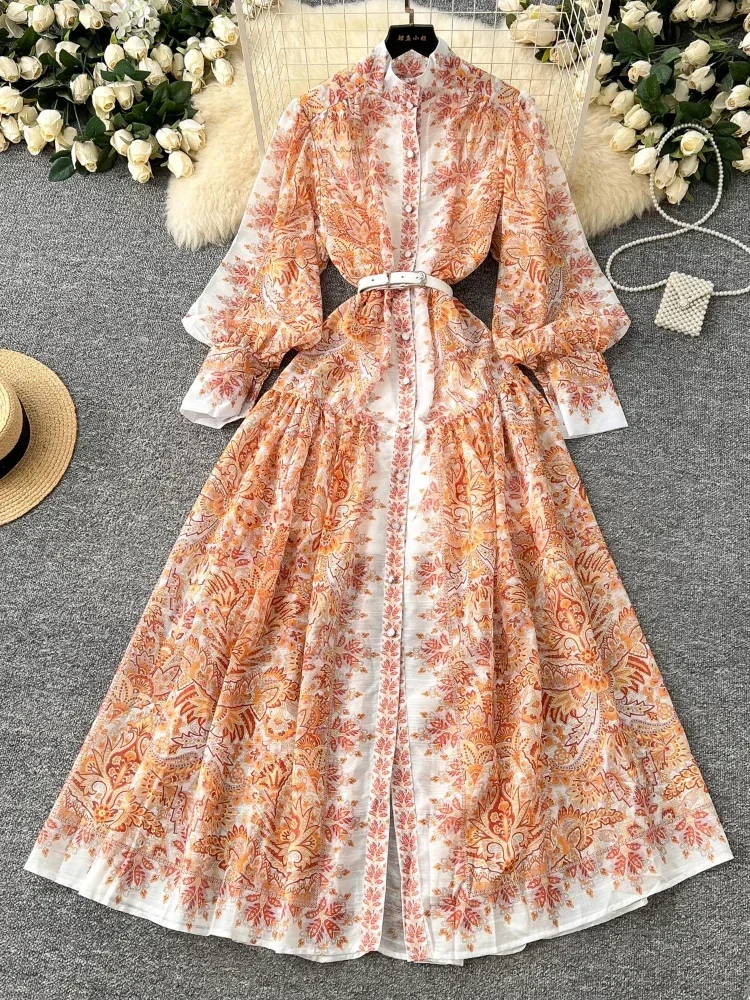 Spring France Elegant Vintage Palace Evening Dress Women Print Pleated button Long Party Dress Female Casual Holiday Clothing