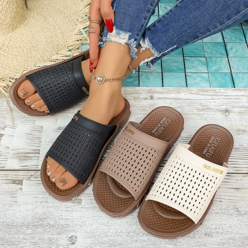 

Fashionable Mesh Hollow Women Slippers 2026 Summer New Metal Decor Solid One Word Strap Female Shoes Comfortable Casual Sandals