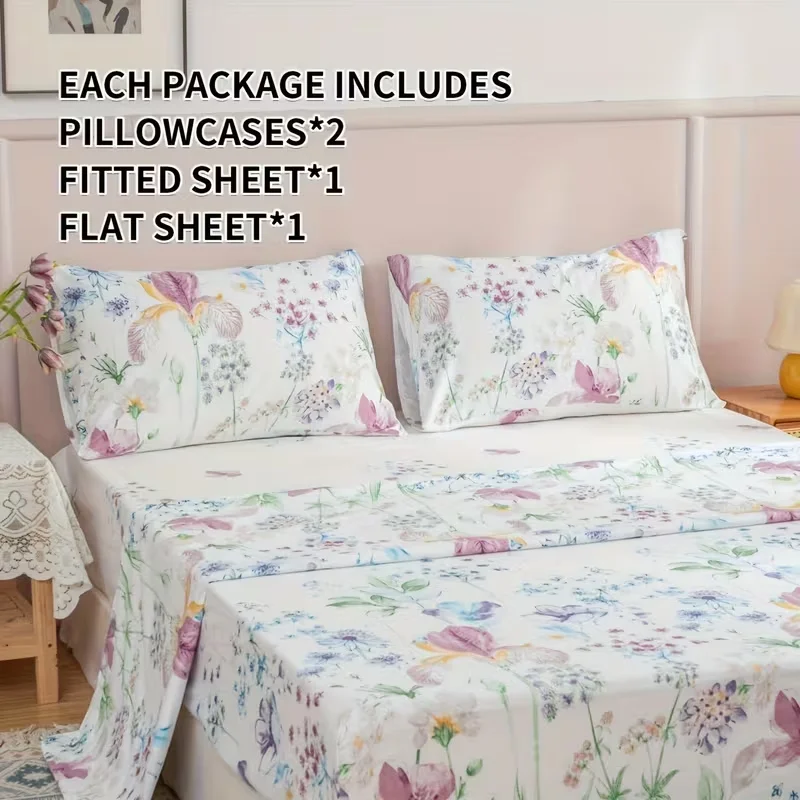 Red Spider Lily Print Bedding Set (1 Fitted Sheet, 1 Flat Sheet, 2 Pillowcases) Ultra-Soft Breathable Fabric, Skin-Friendly, Comfortable, Breathable, Machine Washable, Suitable for All Seasons, Elegant and Exquisite, Ideal Choice for Bedroom and Guest Room
