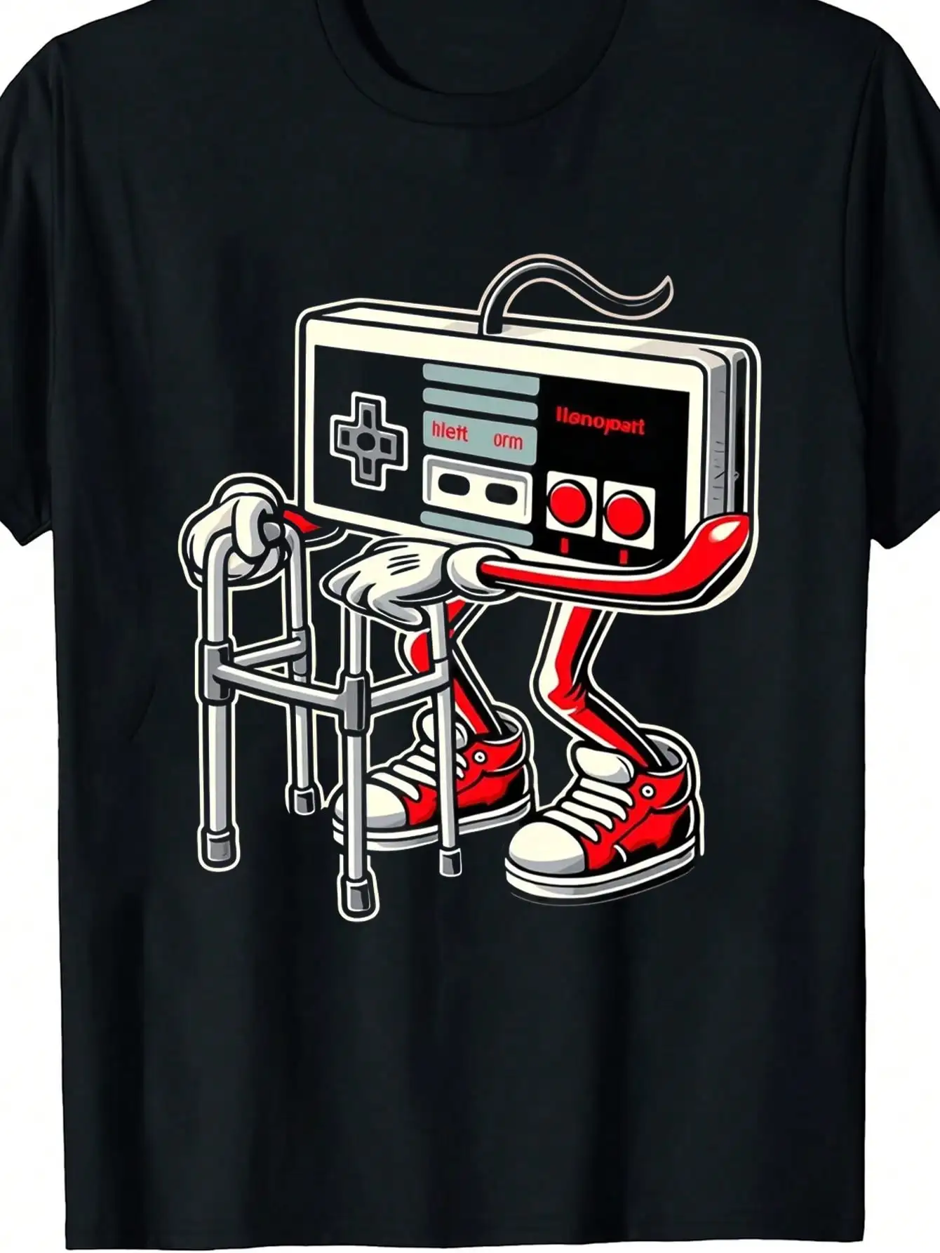 1pc Men's Retro Game Controller Print Black TShirt, Crew Neck, Casual Cotton Tee Medium Stretch Knit Fabric, Men's Regular Fit, Size