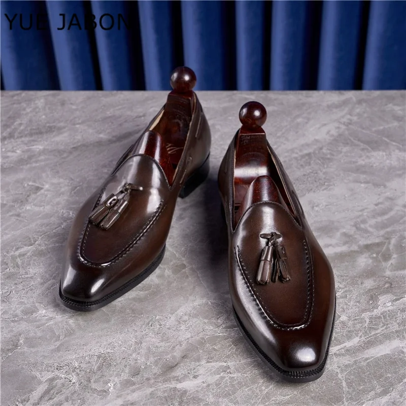 Mocasines clásicos con borlas de cuero genuino para hombre, zapatos informales sin cordones hechos a mano, cómodos para oficina, boda, vestidor, uso diario