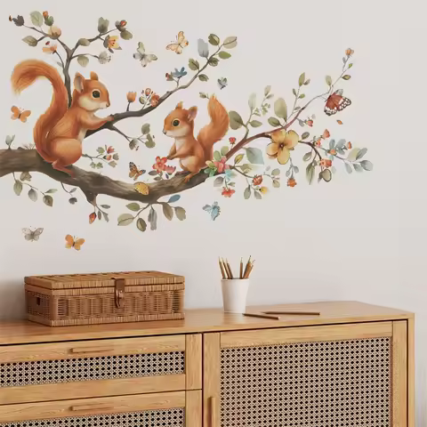 Forest Squirrels Climbing Tree Branch Wall Sticker for Kid Room Living Room Bedroom Nursery Wall Decoration Safari Animals Decal