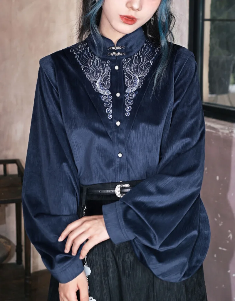 

Новые топы в китайском стиле с вышивкой Pipa, рубашка с большими рукавами Han Elements, воротник-стойка для женщин