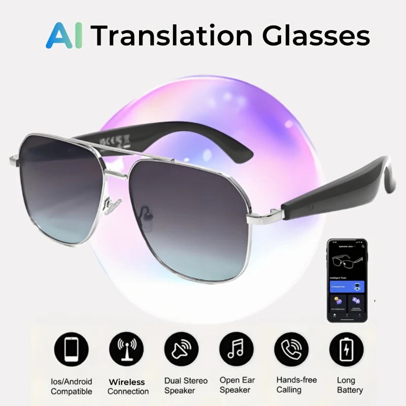 AI Translation Glasses, wireless smart glasses, support for over 100 languages, blue light-blocking lenses, built-in microphone/speaker, open-ear music and high-definition calls, photo capture control, USB magnetic charging, 360 °   spatial surround sound