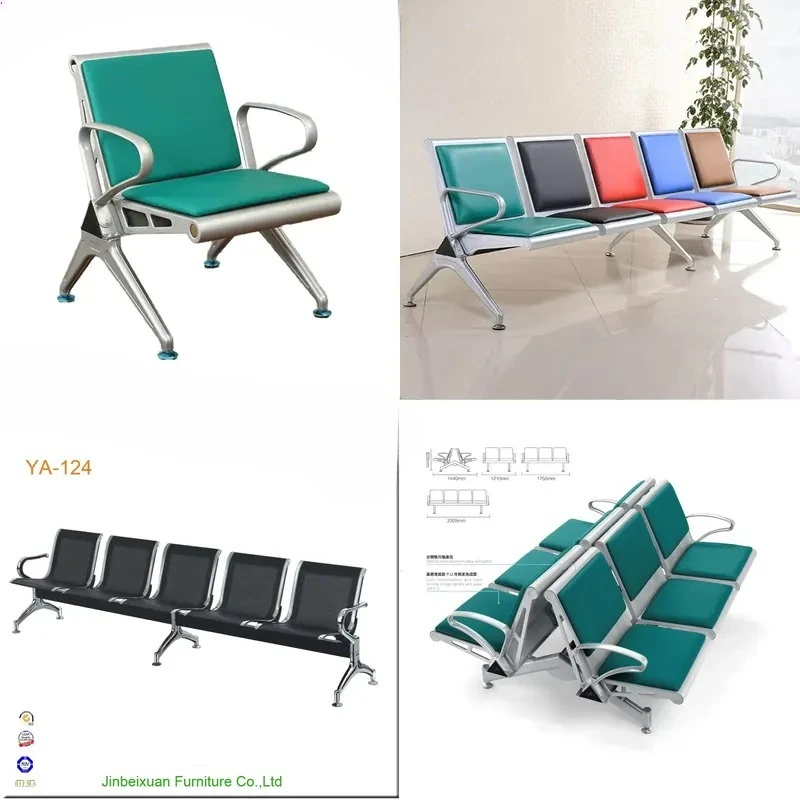 for Green Polyurethane Leather 3 Seater Airport Waiting Chair Hospital Cushion Stainless Steel Frame Durable Wood Plastic Metal