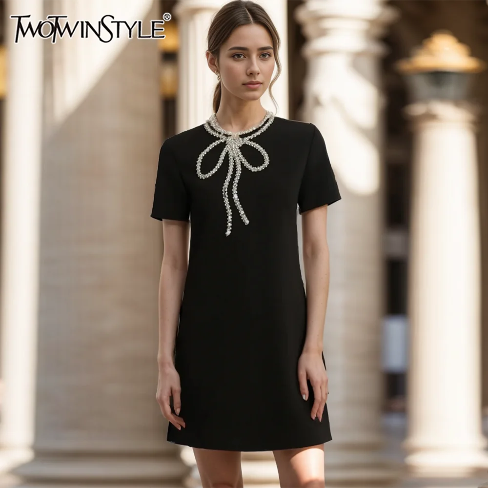 

TWOTWINSTYLE Solid Elegant Spliced Diamonds Dress For Women Round Neck Short Sleeve High Waist Loose Dresses Female KDR501369