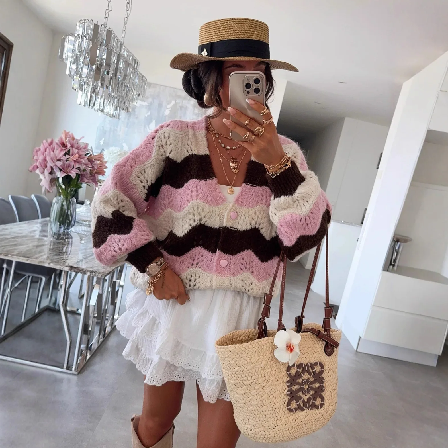 2026 موضة جديدة مطبوعة زر سترة مشغولة من الصوف المرأة الخريف عادية فضفاض الخامس الرقبة طويلة الأكمام سترة سترة للنساء