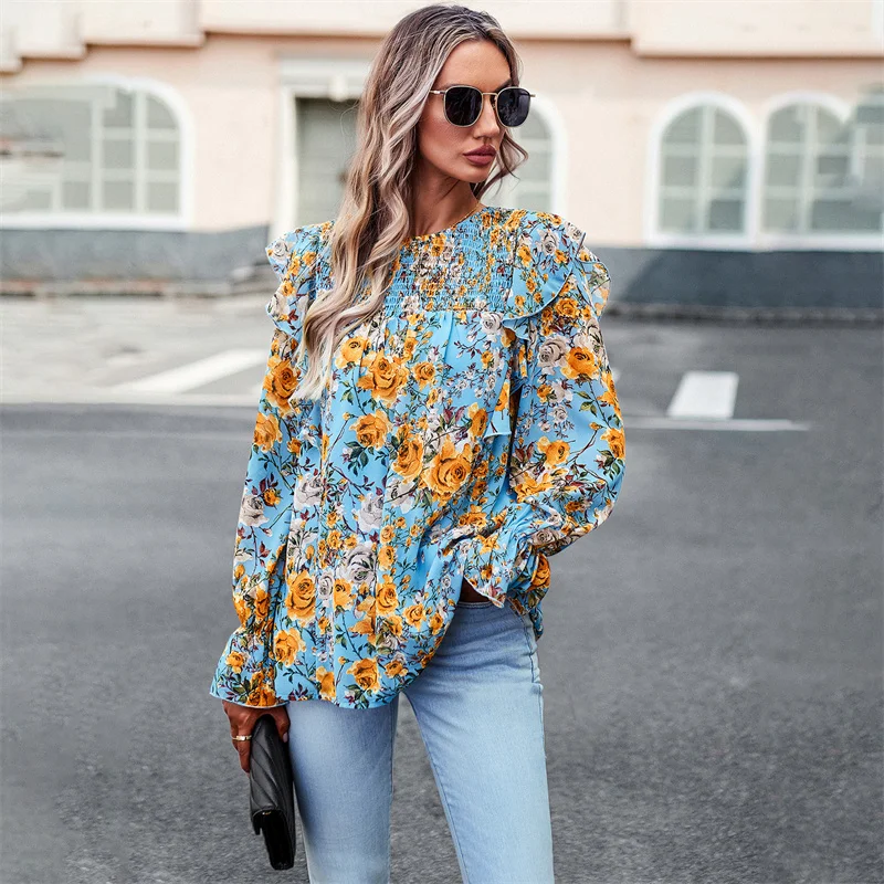 花柄プリント ロングスリーブブラウス レディース 秋トップス ノットストレートカット ポリエステル綿混紡 暖かい 薄手 スリーブ