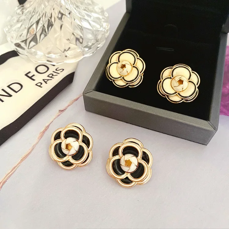 Vintage Big Camellia Flower Stud Earrings for Women Gift