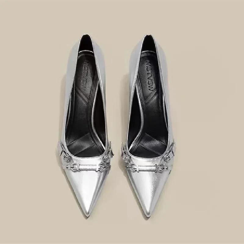 Spring Women's Shoes Silver High Heels Sexy French Style Pointed Shoes Metal Decoration Paired with Skirts Elegant Banquet 2025