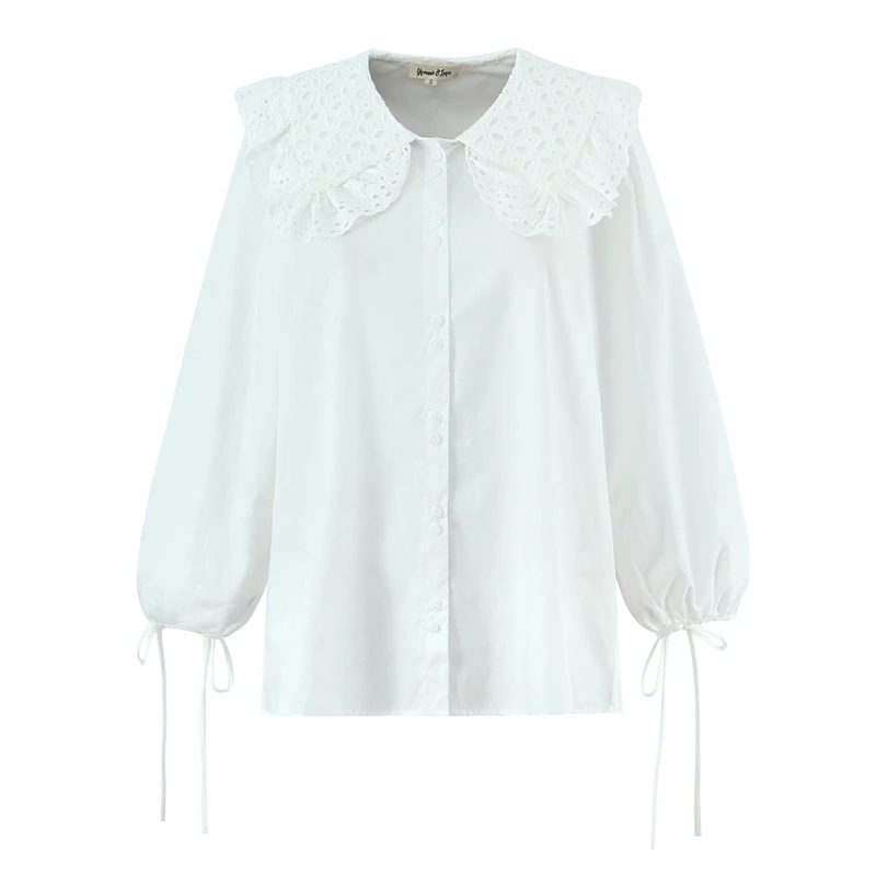 Damska biała koszula z dużym kołnierzykiem z koronki ażurowej - bufiaste rękawy ze ściągaczami przy mankietach i zapinana na guziki, słodka bluzka dziewczęca.