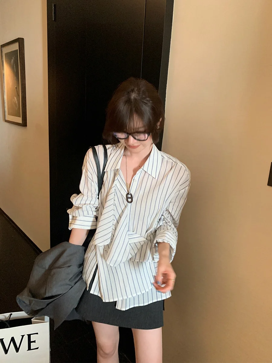 

MUKOK Cotton Stripe irt with Saes Multi-Wear Long Sve Commute Friendly Slimming Women's Ne Pure Cotton Top