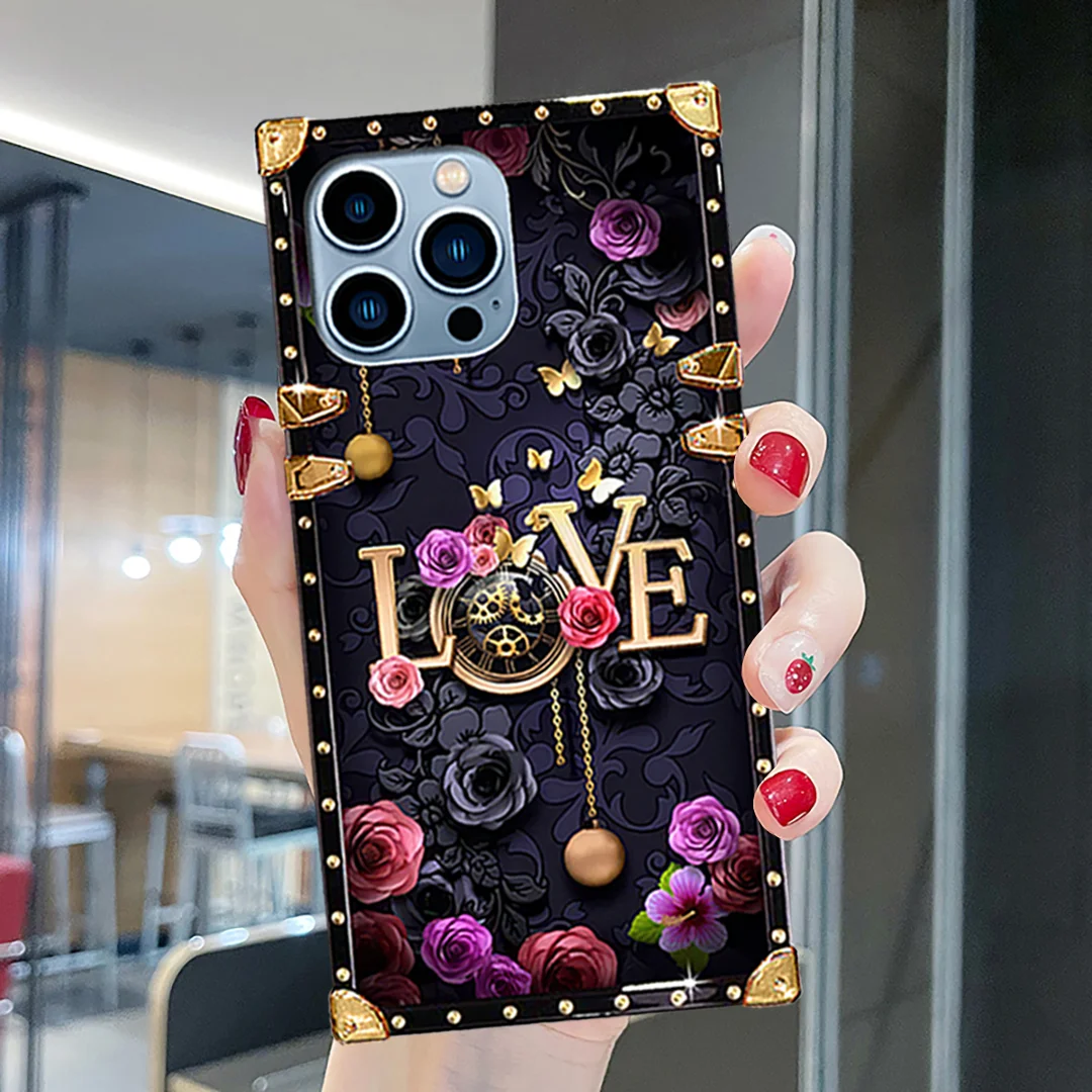 Fashion Purple Rose Love Retro Watch square shockproof silicon case for iphone 15Pro Max 14 12 1113 Xs xr 8plus protection cover