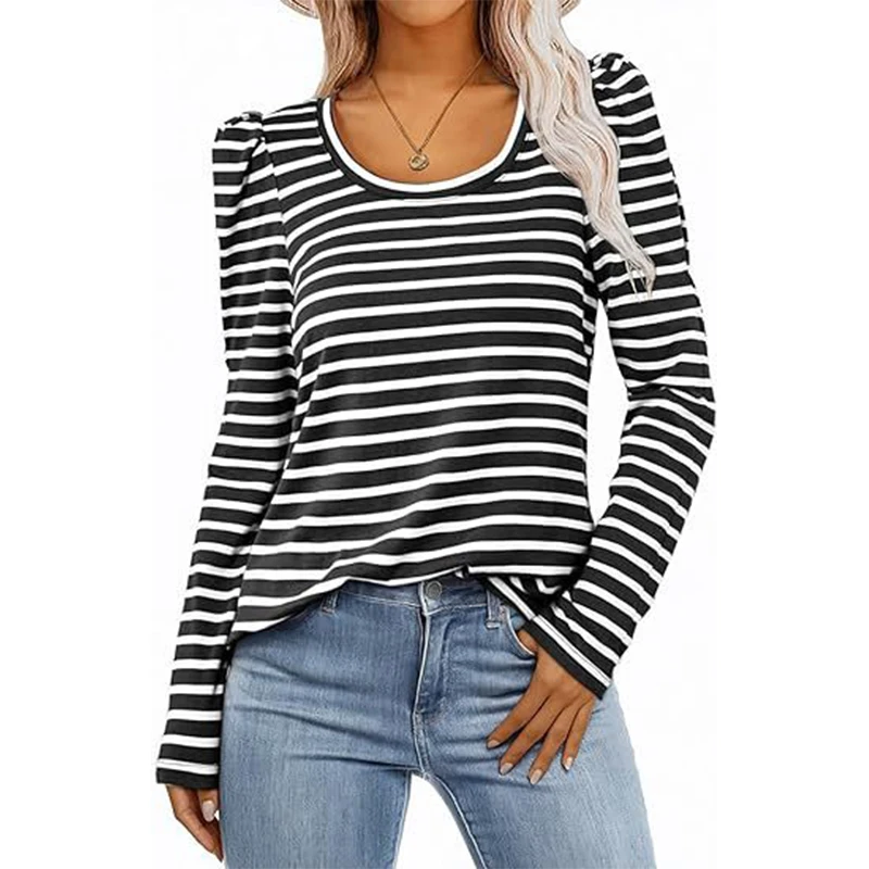 Women Autumn Winter Casual T-shirt Ladies Stripe Solid Tops Clothing For 2024-2025