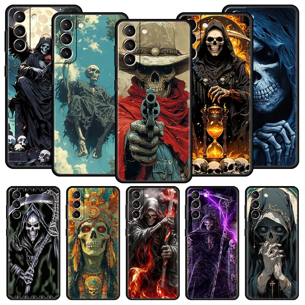 Grim Reaper Skull Soft Phone Case For Samsung Galaxy S25 Edge S24 Plus S23 FE S22 S21 S20 Ultra 5G S10 Black Protect Cover