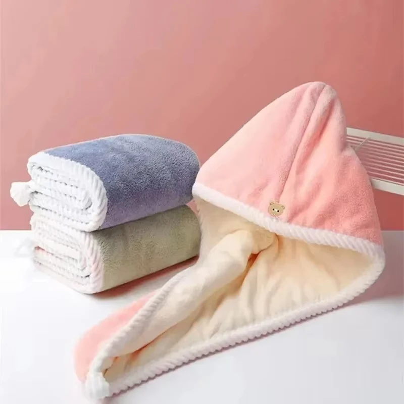 Double Thick Dry Hair Towel Double Sides Use Dry Hair Cap Multi-color Strong Absorbent Rippled Edge Thick Quick Drying Bath Hat