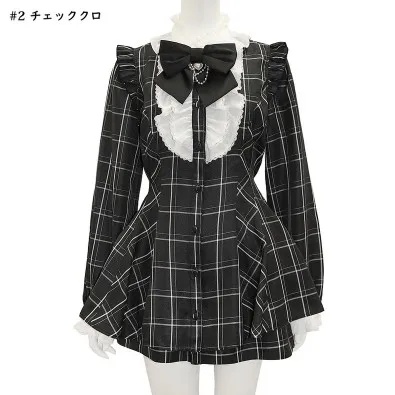 Dophee Japan Style Women Two-piece Set Vintage Plaid Love Bow Elegant Ruffles Shirt Dress Gothic Subculture Shorts Skirt Suits