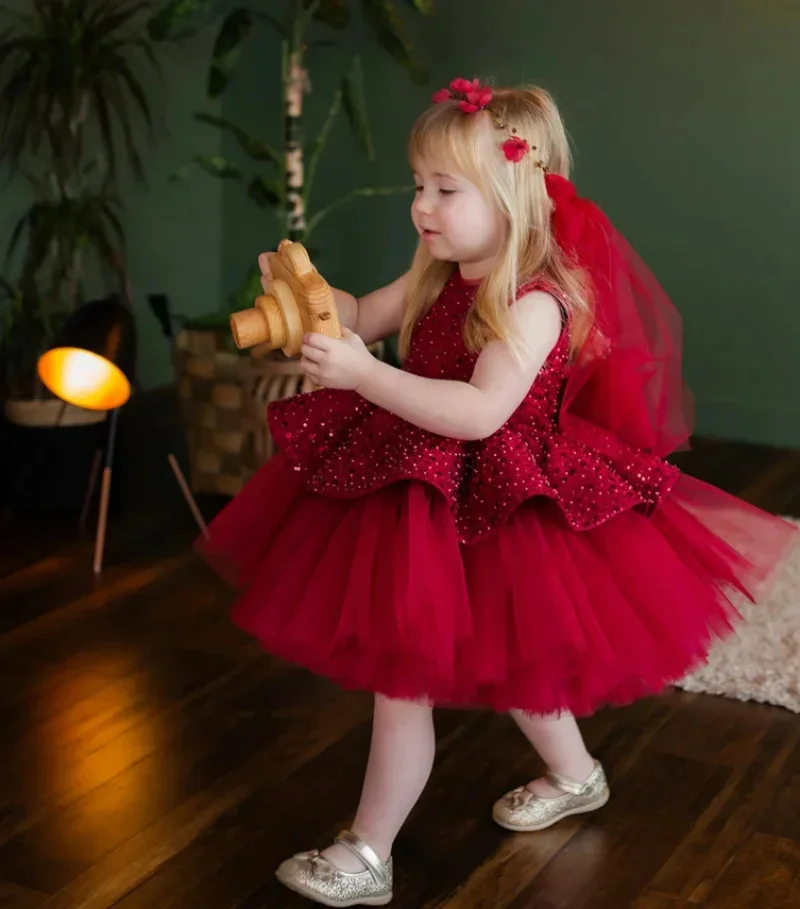 Lovely Red Flower Girl Dress for Wedding Sleeveless Sequins Tulle With Bow Kids Birthday First Communion Ball Gowns Custom