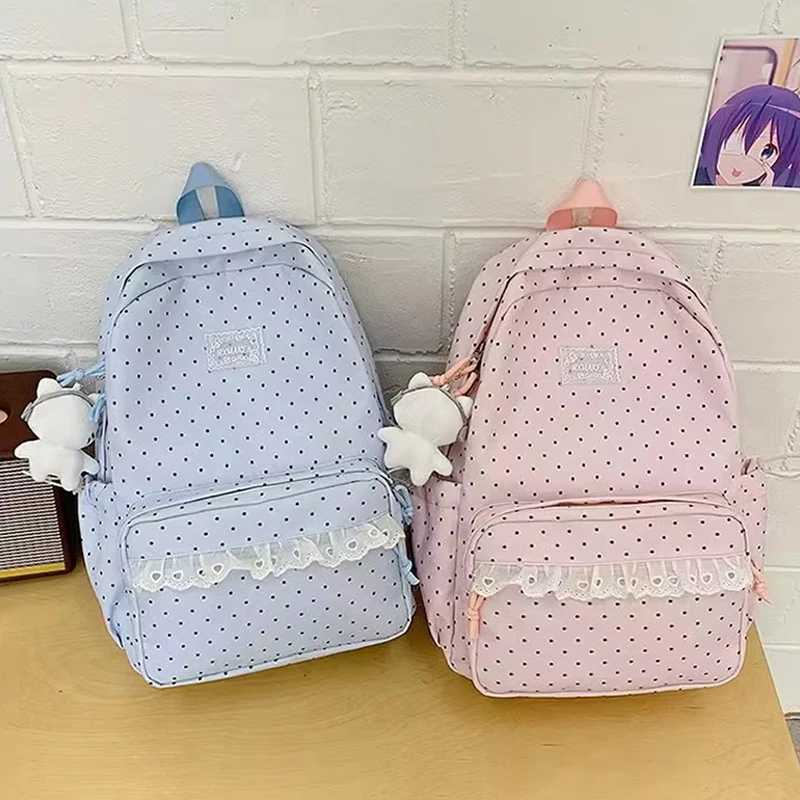 Modischer Rucksack, Damen-Schulrucksack mit Polka-Dot-Muster, süßer Spitzenbesatz, koreanischer leichter Schulrucksack mit großer Kapazität für Mädchen und Studenten – Detail 25