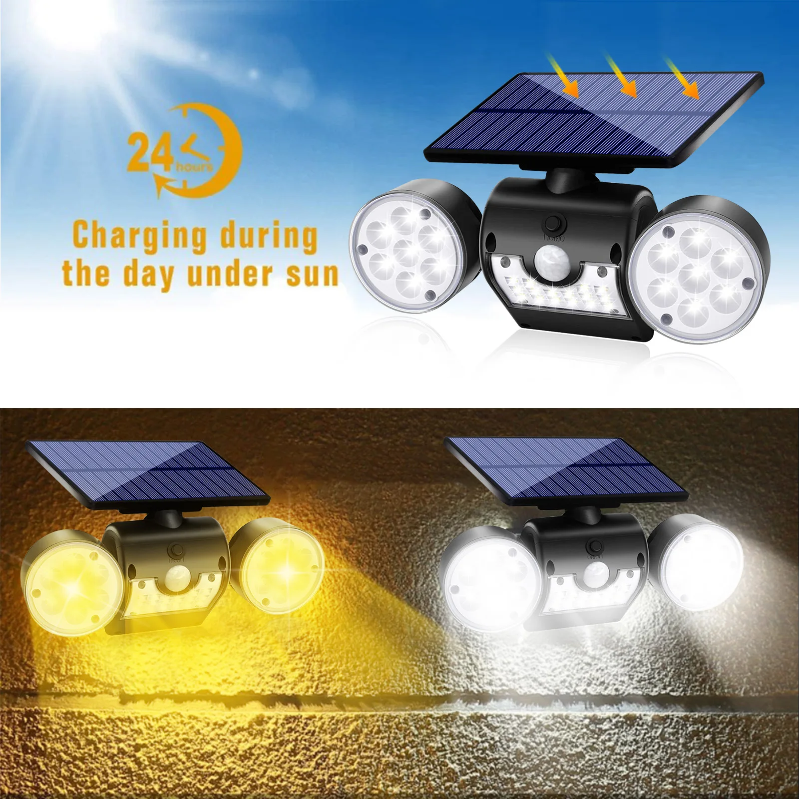 Solar LED round Double-Head Outdoor Wall Lamp Villa Garden Courtyard Spotlight Parking Lot Lighting Solar-Powered Exterior Light