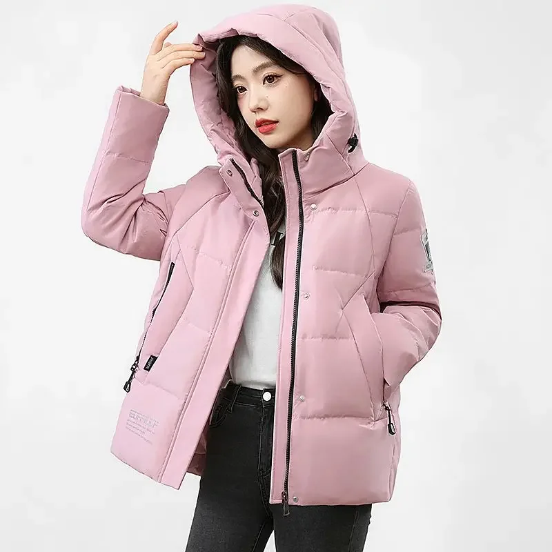 Jaqueta de manga comprida feminina com capuz, casaco grosso quente, pato branco para baixo, puffer parkas, roupa coreana, inverno