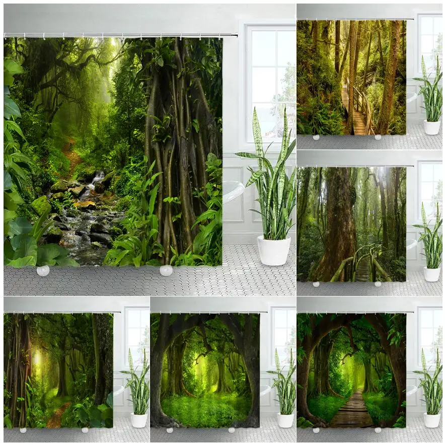 Tropical Rainforest Forest Shower Curtain Green Plants Trees Spring Scenery Polyester Fabric Bathroom Decor Bath Curtains Hooks