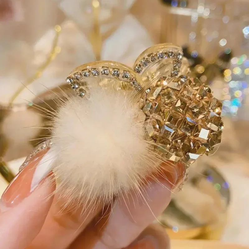 Korean New Gold Mink Hair Ball Grab Clips ball Square Full Diamond Top Clip Horsetail Drill Accessories for Women
