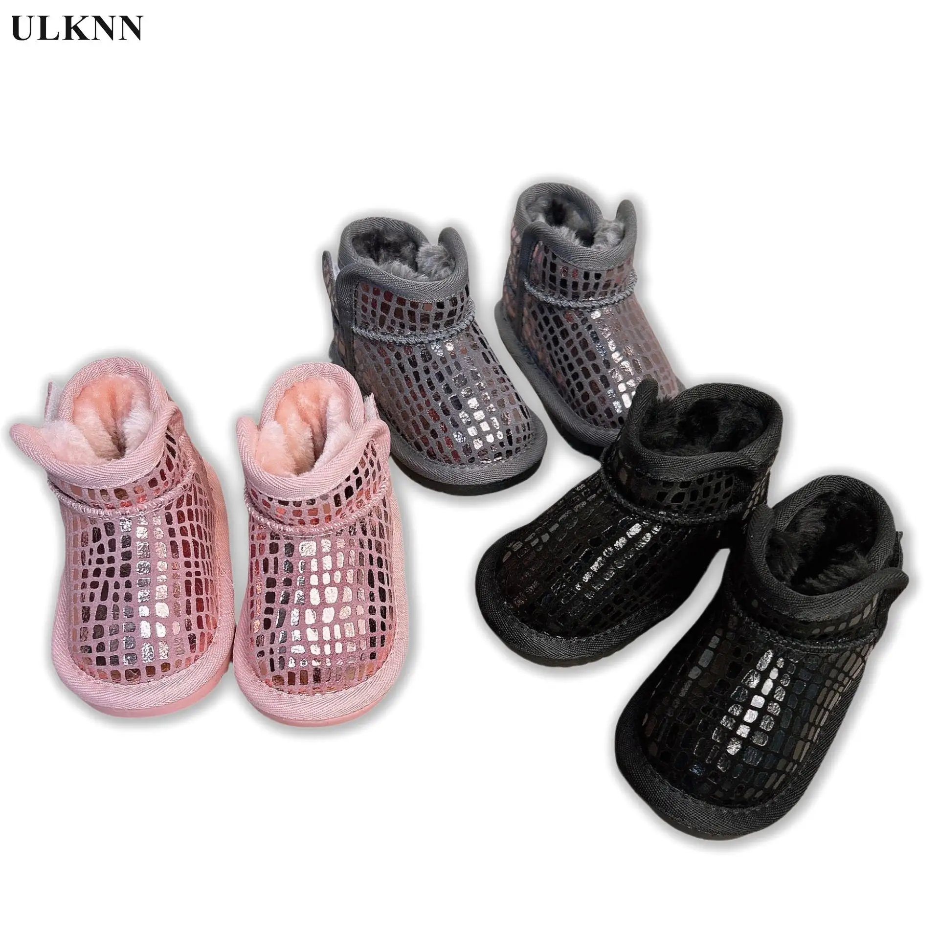 Bottes d'hiver chaudes pour enfants, chaussures roses pour enfants, velours antidérapant, bottes en coton doux pour bébé, chaussures grises à motif, nouveau, 2024