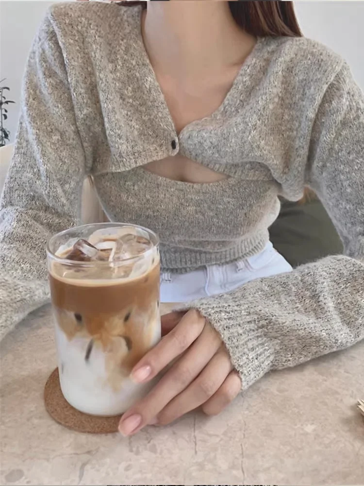 

Long Sve Knitted Sweater Women's Spring New Design Sensual Sexy Girl High-End Feeling Two-Piece Set Korean Sle Commute P...