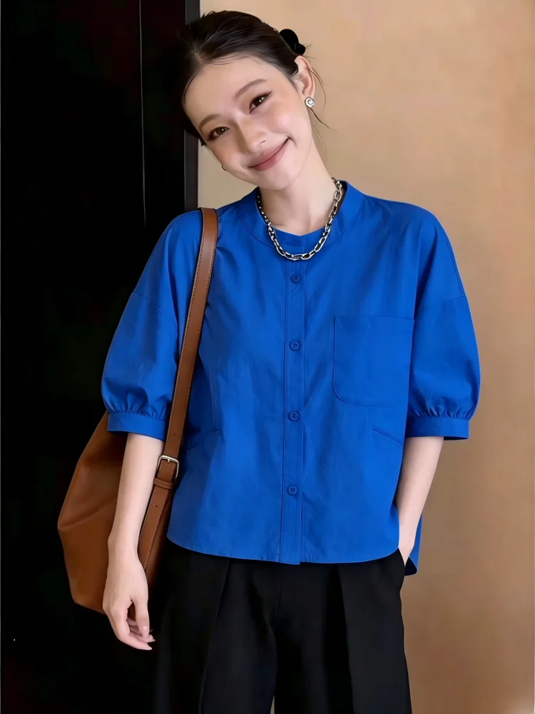 Princess Style round Neck Five-Quarter Sleeve Shirt Women's Short Sleeve Loose Fit Short Length Versatile Beautiful Top