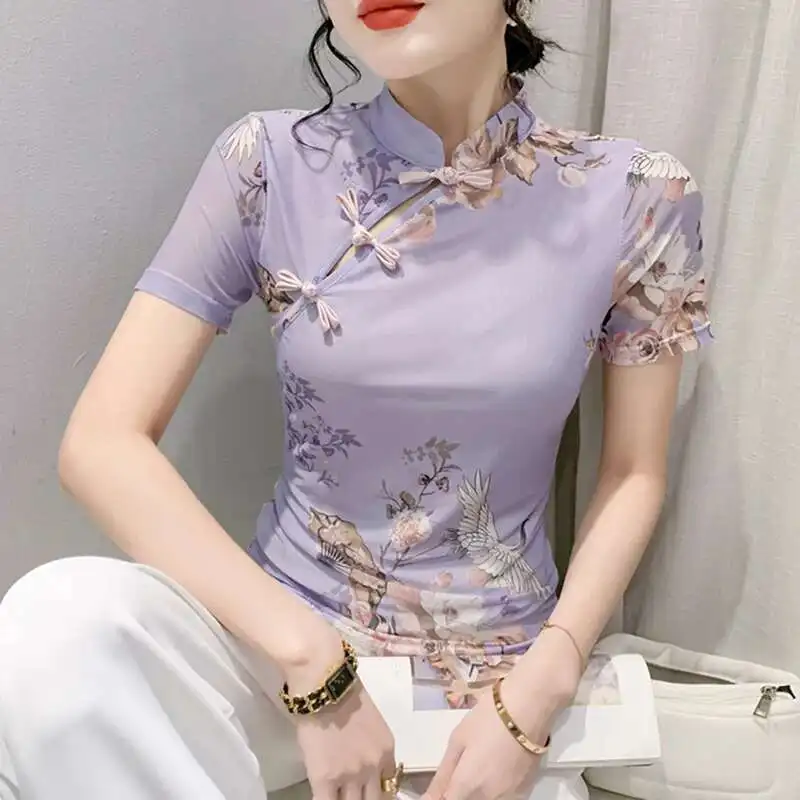 #5634 Print Vintage Short T Shirt Women Stand Collar Buttons Sexy Tight Hollow Out Tee Shirt Femme Short Sleeve Hollow Out