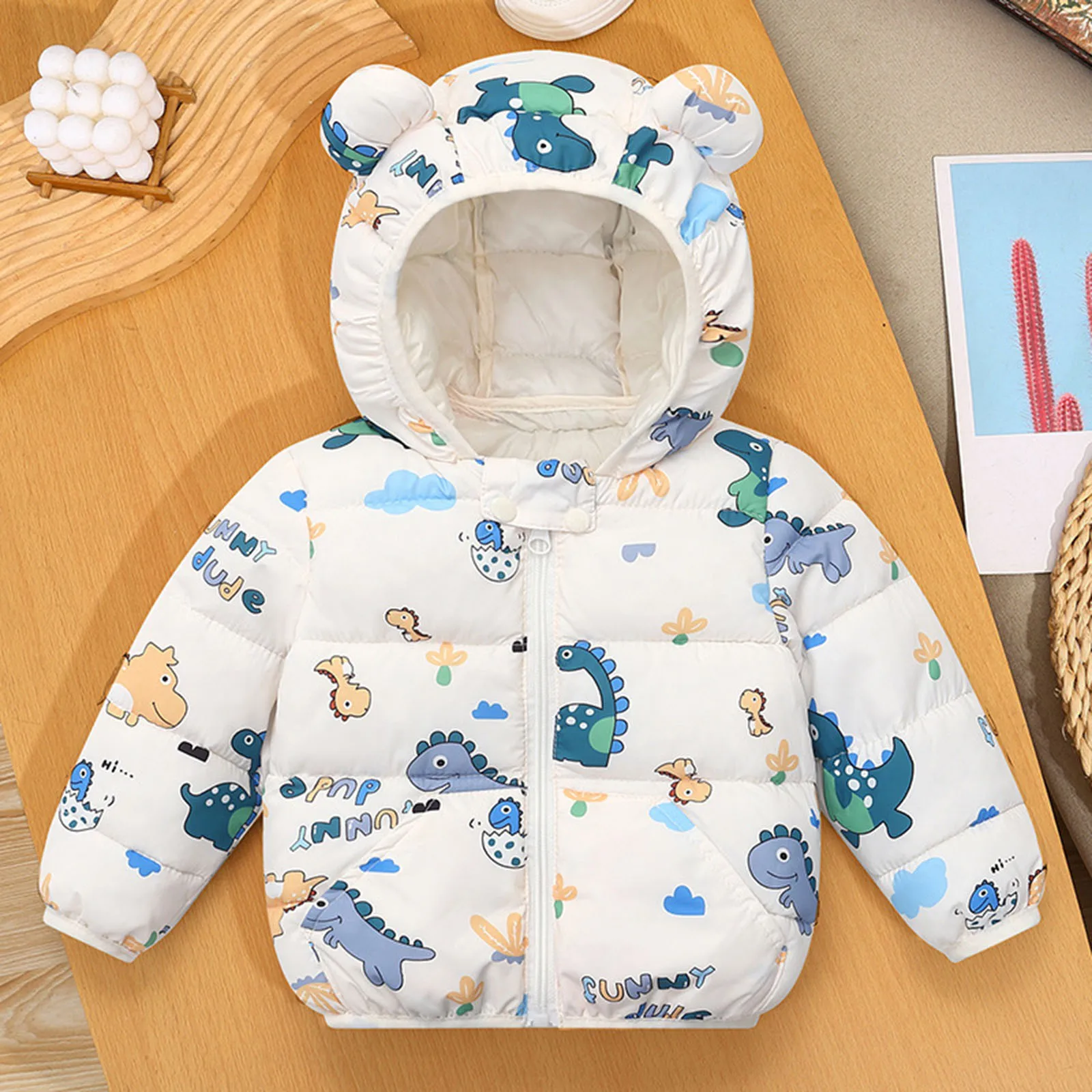 Winter Children's Cotton Coat Cartoon Dinosaur Pattern Hooded Long-Sleeved Down Jacket Suitable For Children Under 5 Years Old