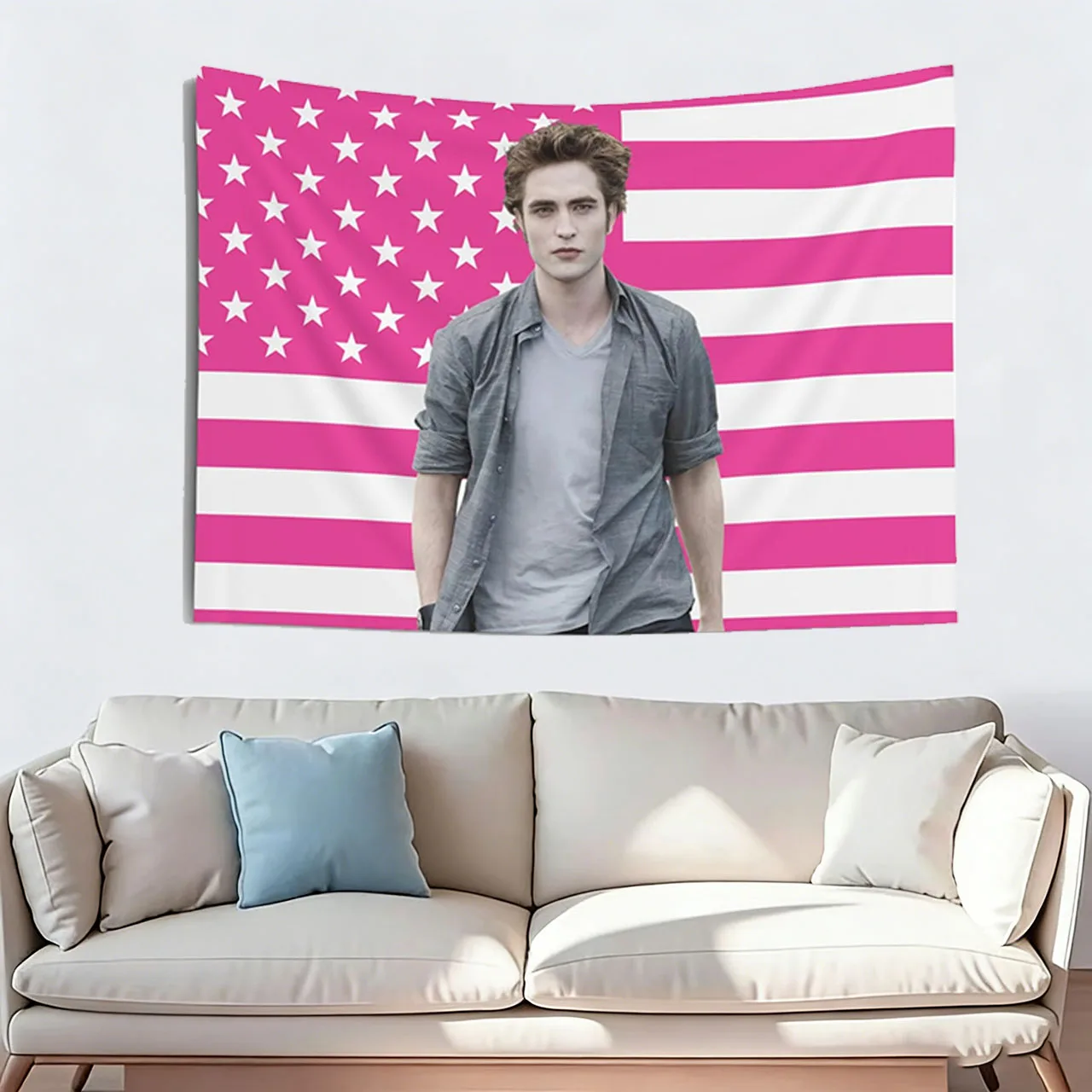Robert Pattinson Pink American Flag Tapestry, Funny Celebrity Meme Wall Hanging, for Bedroom Dorm College Party Decor