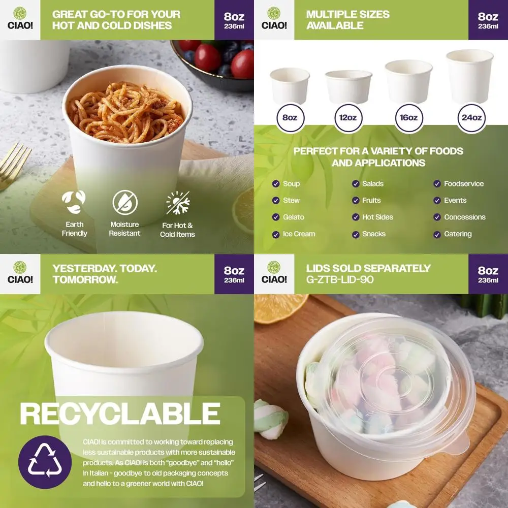 

Бумажный контейнер для еды, белый, 8 унций, диаметр 90 мм, крышки в комплект не входят (1000 шт./упаковка)