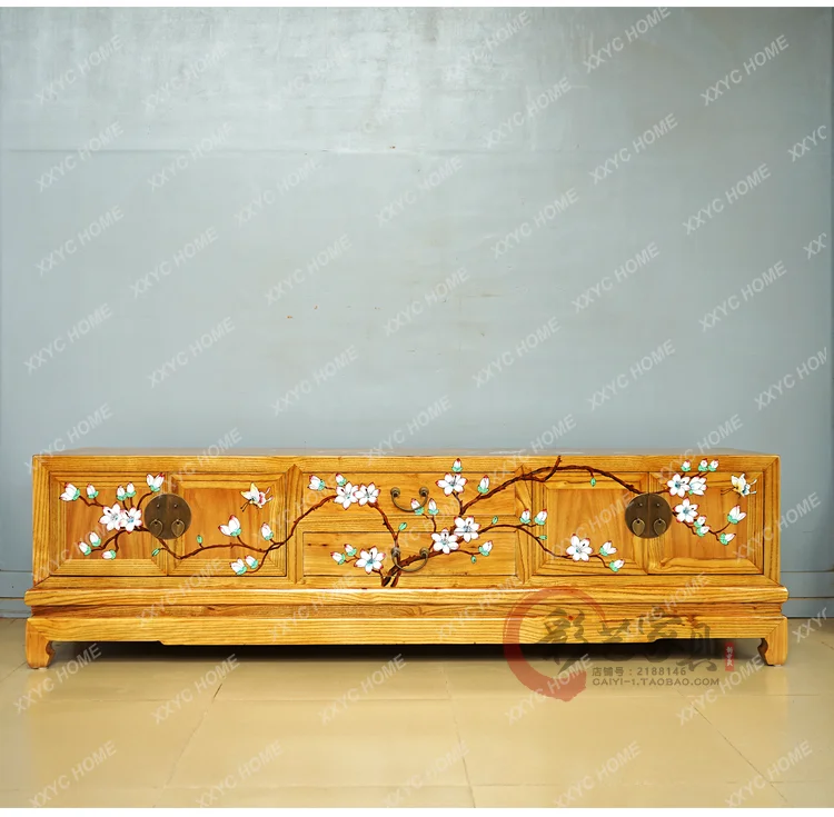 Solid wood TV cabinet New Chinese log retro painted audio-visual cabinet
