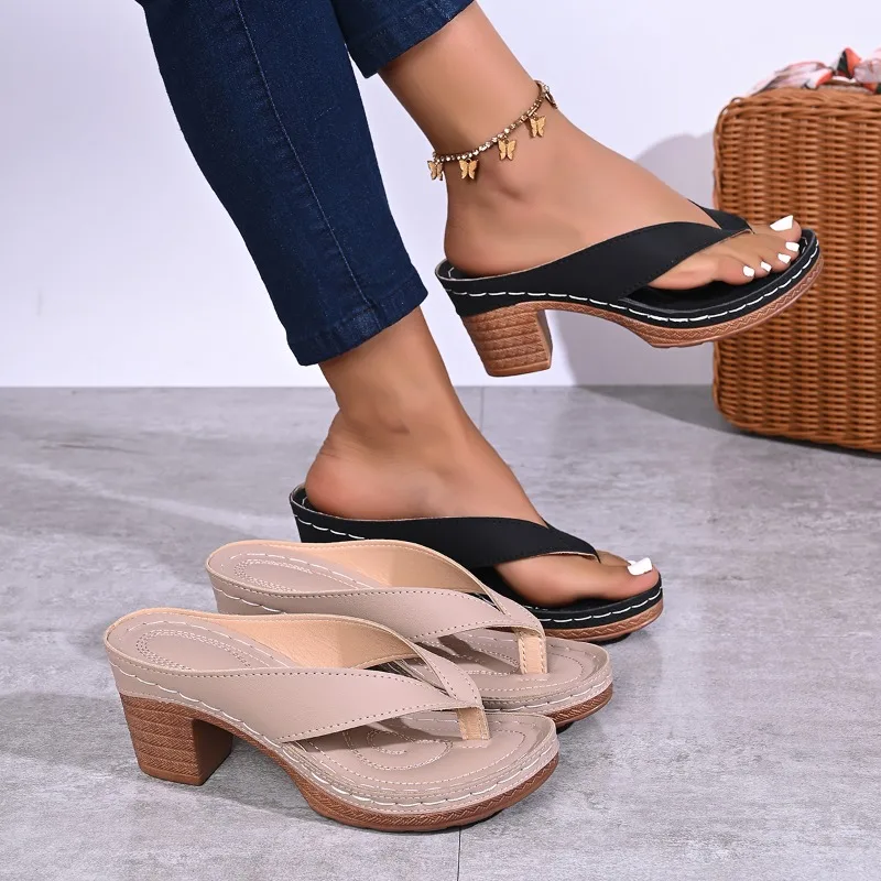

Round Toe Platform Clip-Toe Flip-Flops Summer New Soft-Sole Non-Slip High-Heeled Sandals