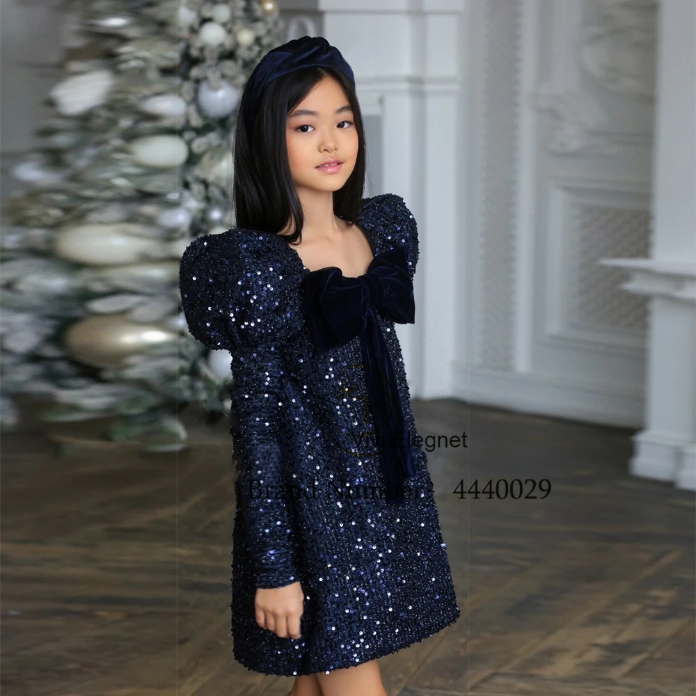 

Fashion Sequined Flower Girl Dresses Strapless Full Sleeve Christmas Gown with Bow 2023 Winter New فساتين اطفال للعيد Cute Gowns