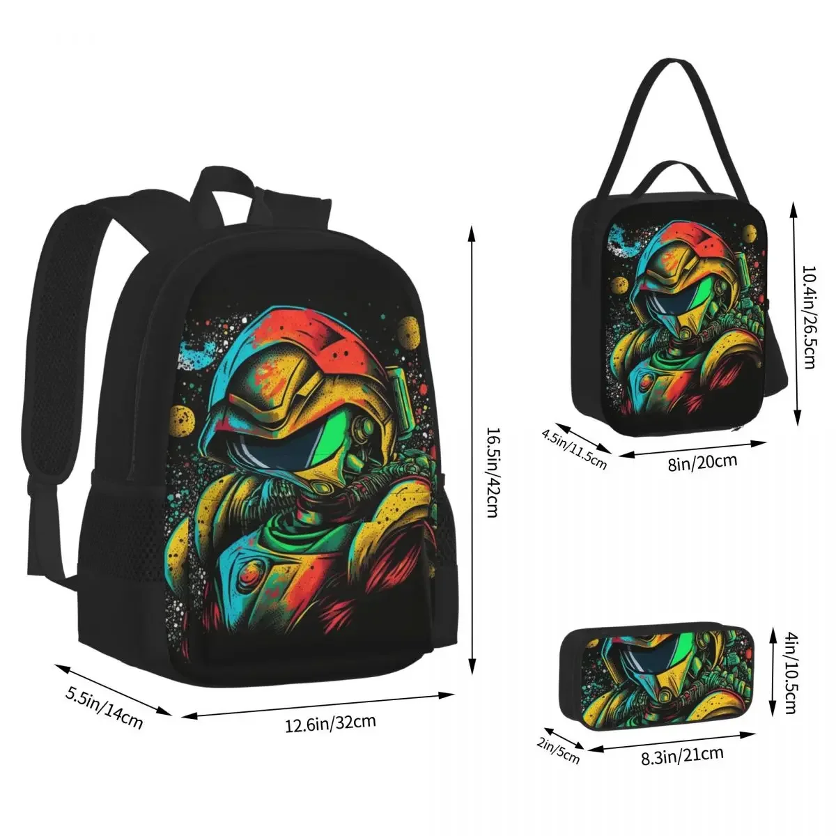 Metroid Samus Aran Metroid Graffiti Stylized Design Backpacks Bookbag School Bags Rucksack Lunch Bag Pen Bag Three-Piece Set