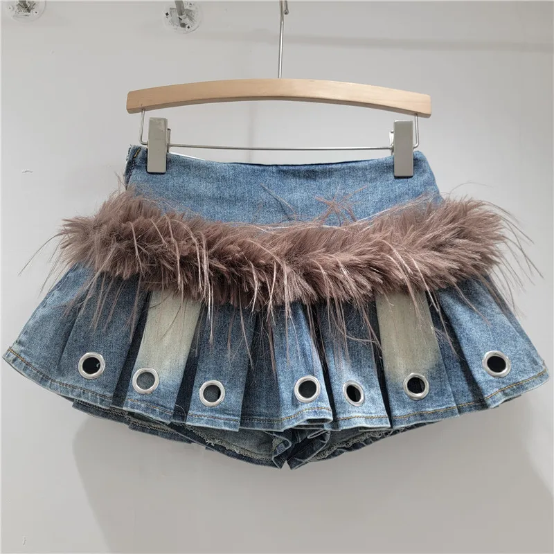 Unique Patchwork Furry Denim Short Skirt for Women, Fashionable 2025 Autumn Winter Versatile Slimming Style, Pleated Mini Skirt