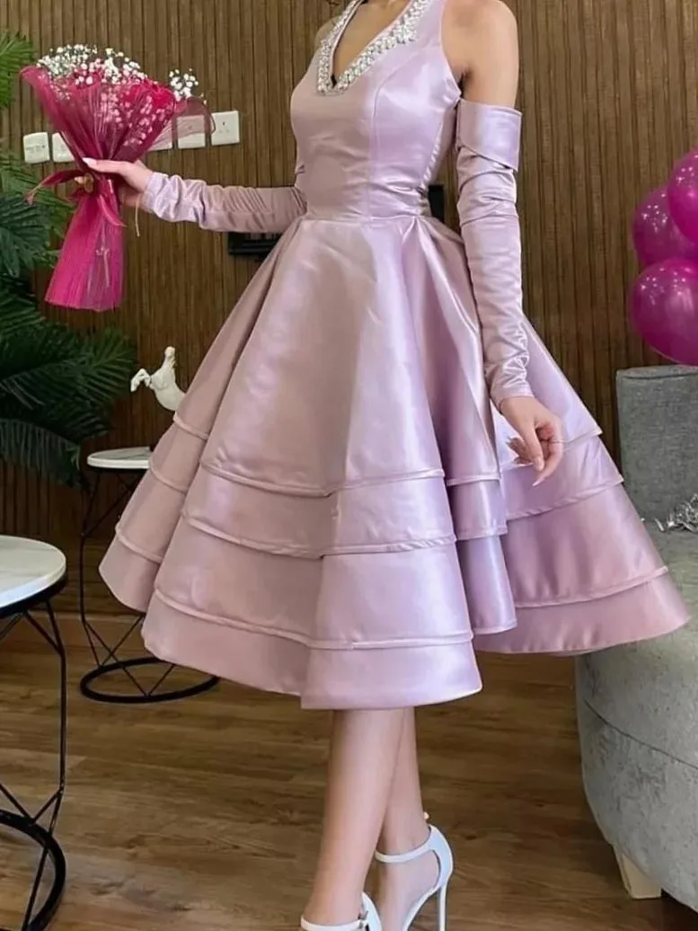 Scoggins Dress Elegant Vintage Sweet Pink Crystal Beading Ruffle V-Neck Customize Formal Occasion Prom Dress Evening Party Gowns